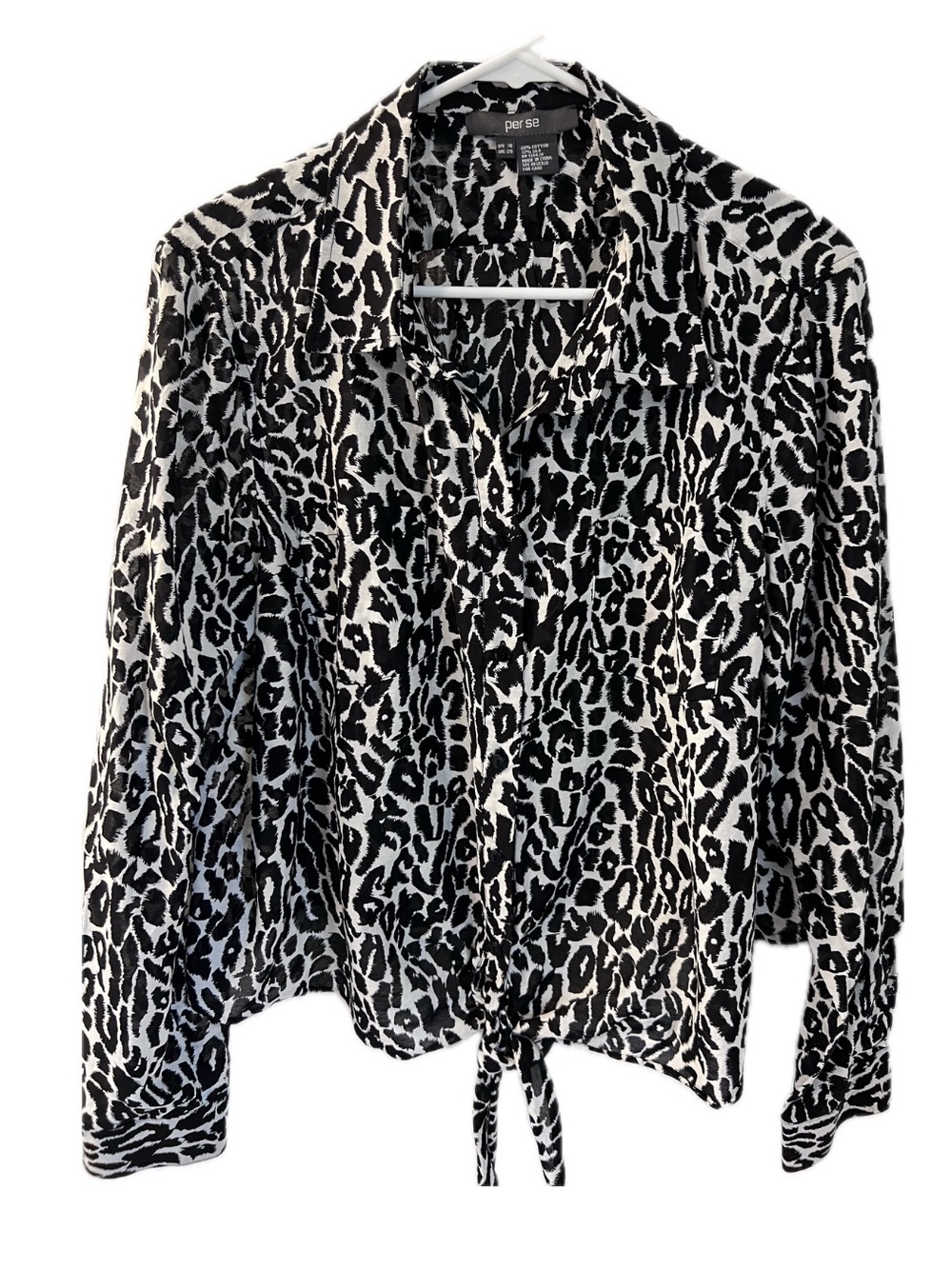 Per Se Black & White Leopard-Print Tie-Hem Button Down Shirt